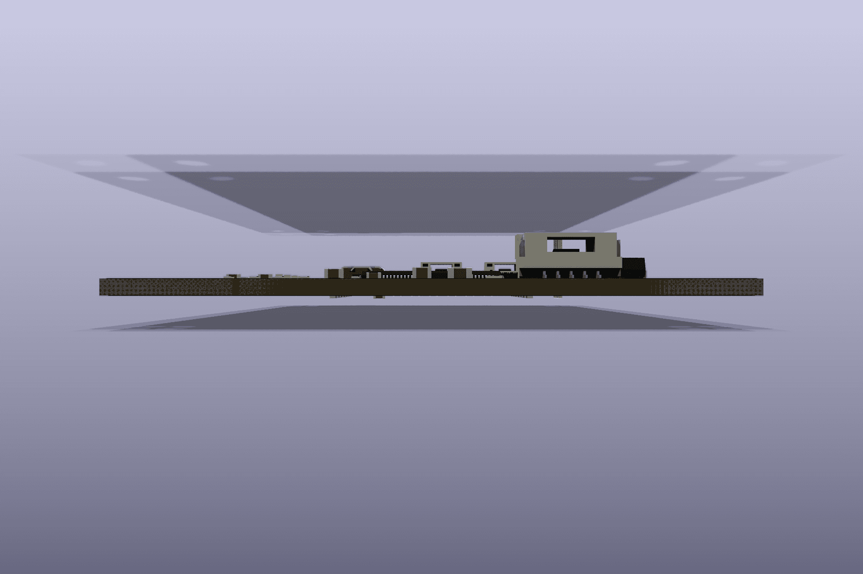 KiCad three-dimensional rear-edge render of the digitally placed ARES Flight Computer Rev A board.